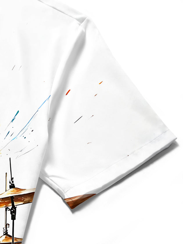 Adaychic Men's Drummer Paint Splatter Graphic Print Short Sleeve Button Down Shirt with Chest Pocket