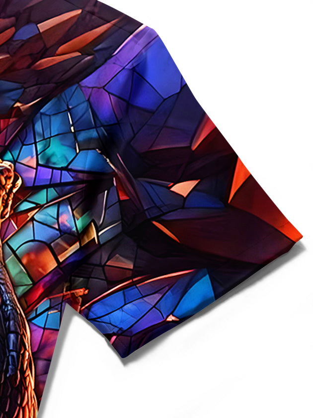 men's dinosaur print shirt close-up short sleeve