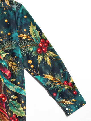 Adaychic Men's Hawaiian Christmas Bells And Holly Print Long Sleeve Shirt with Chest Pocket