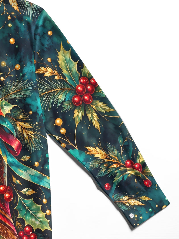 Adaychic Men's Hawaiian Christmas Bells And Holly Print Long Sleeve Shirt with Chest Pocket