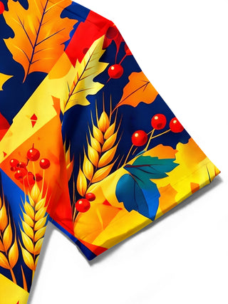 Adaychic Men's Short Sleeve Stand Collar Shirt - Thanksgiving Turkey And Harvest Elements Print with Chest Pocket