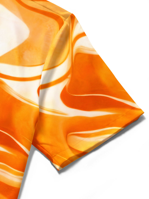 Adaychic Men's Printed Orange Fluid Marble Print Short Sleeve Shirt with Chest Pocket
