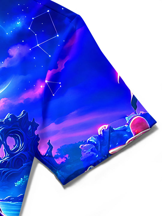 Adaychic Men's Short Sleeve Shirt - Purple Flamingo And Underwater Fantasy Scene Print with Chest Pocket