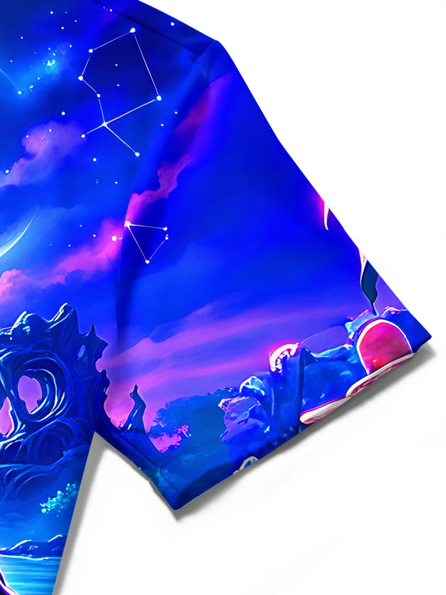 Adaychic Men's Short Sleeve Shirt - Purple Flamingo And Underwater Fantasy Scene Print with Chest Pocket