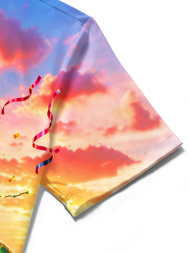 Adaychic Men's Short Sleeve Shirt - Animated Turtle With Hawaiian Lei And Sunset Seascape Print with Chest Pocket