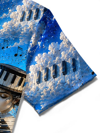 Adaychic Men's Graphic Musical Notes Print Music Print Short Sleeve Shirt with Chest Pocket
