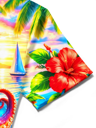 Adaychic Men's Hawaiian Octopus And Coral Reef Print Short Sleeve Shirt with Chest Pocket