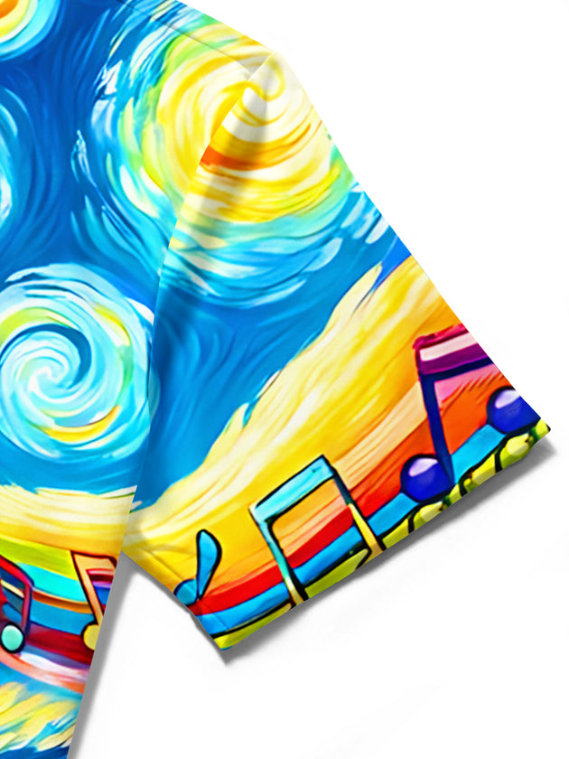 Starry Sky Ship Colorful Note Print Men's Pocket Short Sleeve Shirts