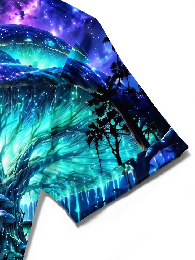 Adaychic Men's Hawaiian Mushroom Fantasy Forest Print Short Sleeve Shirt with Chest Pocket