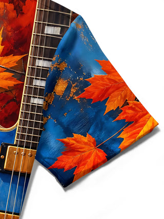 Adaychic Men's Graphic Autumn Maple Leaves Print Short Sleeve Shirt with Chest Pocket
