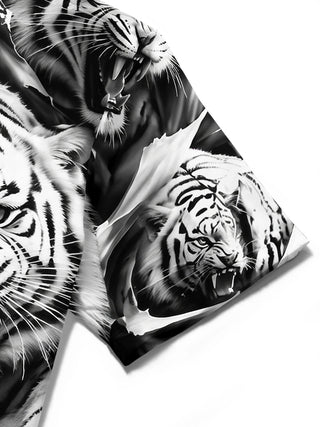 Adaychic Men's Hawaiian White Tiger Print Short Sleeve Shirt