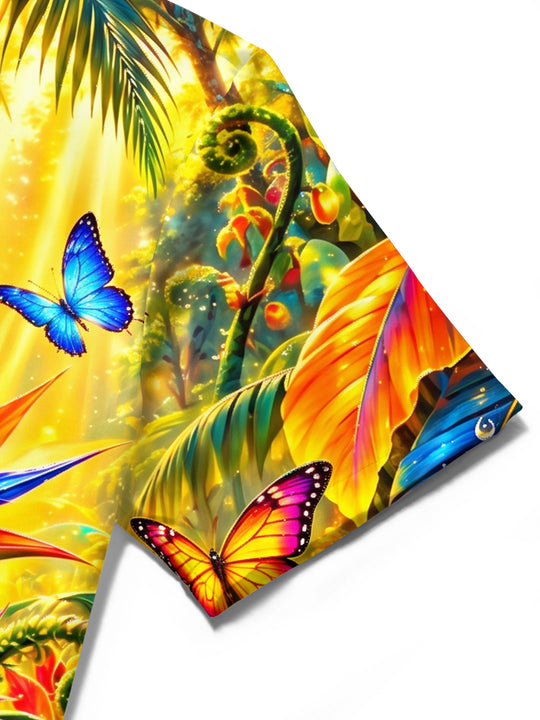 Adaychic Men's Tropical Flowers And Butterflies Print Short Sleeve Shirt with Chest Pocket