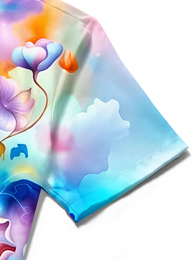 Men's tie dye floral short sleeve shirt close-up detail