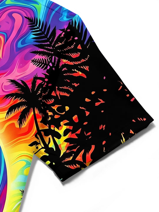Adaychic Men's Short Sleeve Shirt - Psychedelic Rainbow Sunset With Palm Trees And Beach Huts Print with Chest Pocket