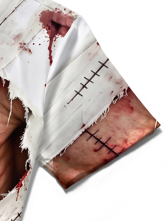 Adaychic Men's Short Sleeve Shirt - Halloween Zombie Bandage And Blood Splatter Print with Chest Pocket