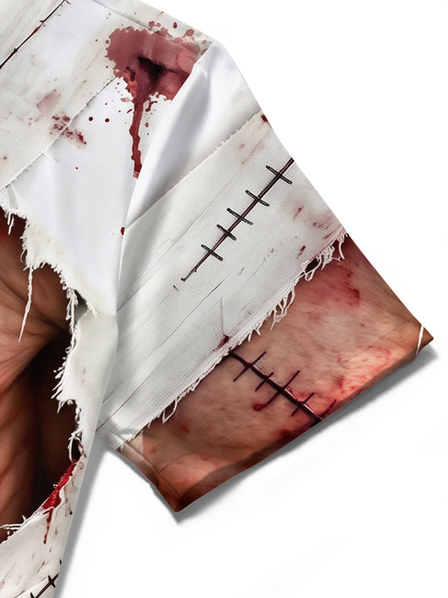Adaychic Men's Short Sleeve Shirt - Halloween Zombie Bandage And Blood Splatter Print with Chest Pocket