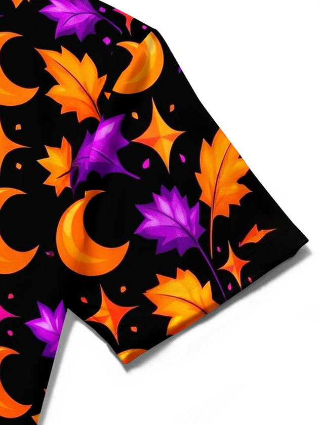 Adaychic Men's Halloween Bats And Crescent Moons Print Short Sleeve Shirt with Chest Pocket