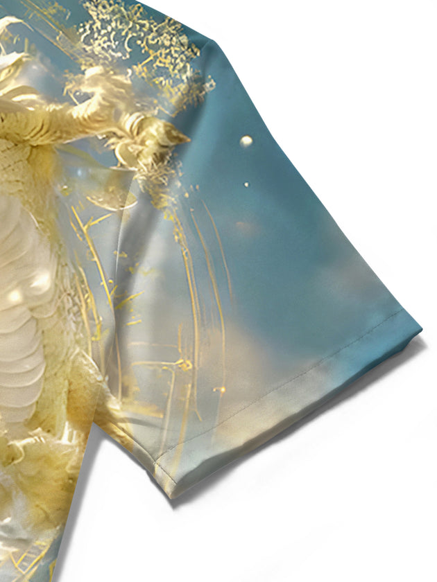 men's dragon print shirt close-up short sleeve