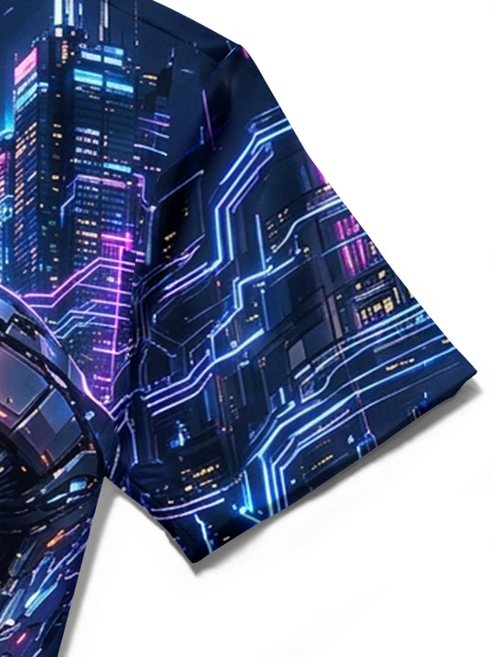 Adaychic Men's Cyberpunk Cityscape With Mechanical Eye Print Short Sleeve Shirt with Chest Pocket