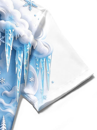 Adaychic Men's Graphic Ice Castle And Winter Landscape Print Short Sleeve Shirt with Chest Pocket