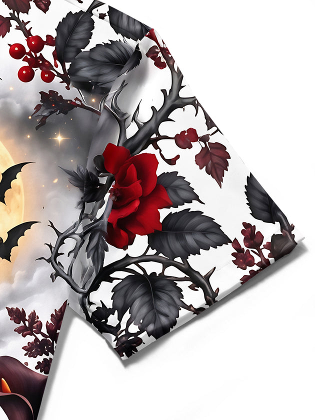 Adaychic Men's Halloween Black Cat With Bats And Moon Print Short Sleeve Shirt with Chest Pocket