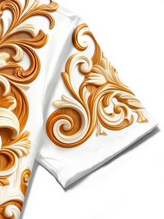 Adaychic Men's 3D Carved Floral Lilies And Scrollwork Print Short Sleeve Shirt with Chest Pocket