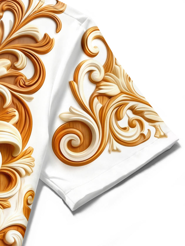 Adaychic Men's 3D Carved Floral Lilies And Scrollwork Print Short Sleeve Shirt with Chest Pocket