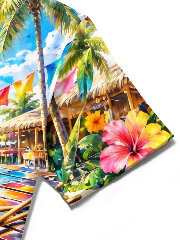 Adaychic Men's Short Sleeve Shirt - Tropical Beach Scene With Xylophone And Fruit Print with Chest Pocket
