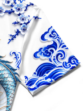 Adaychic Men's Printed Blue And White Porcelain Dragon Print Short Sleeve Shirt with Chest Pocket