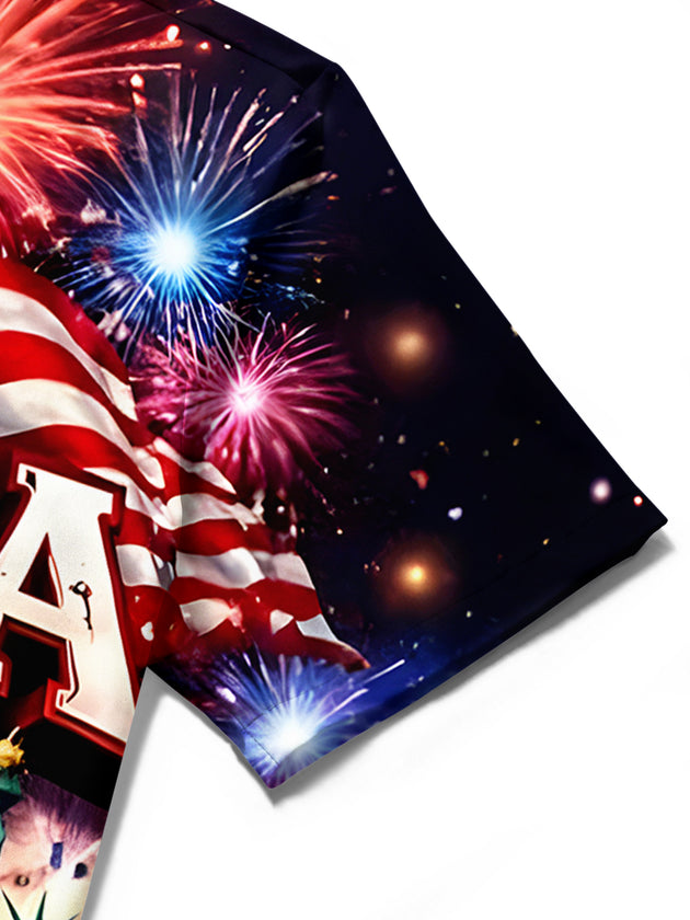 Men's red American flag print short sleeve shirt close-up detail view