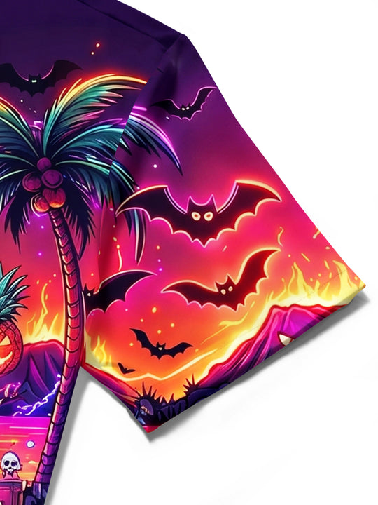 Adaychic Men's Halloween Monster And Jack-o-lanterns Print Short Sleeve Shirt with Chest Pocket