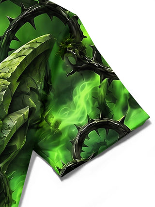 Adaychic Men's Green Demon Face With Thorny Vines Print Short Sleeve Shirt with Chest Pocket