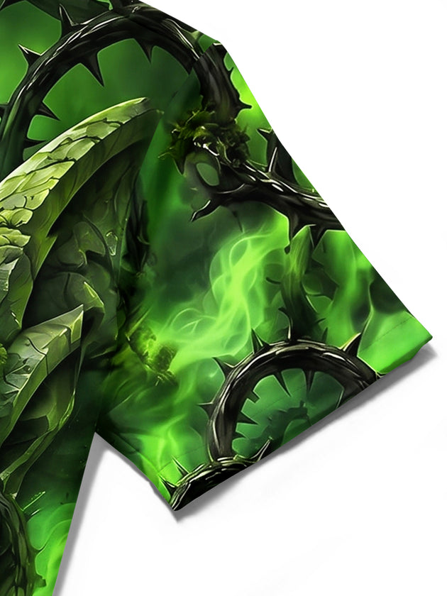 Adaychic Men's Green Demon Face With Thorny Vines Print Short Sleeve Shirt with Chest Pocket
