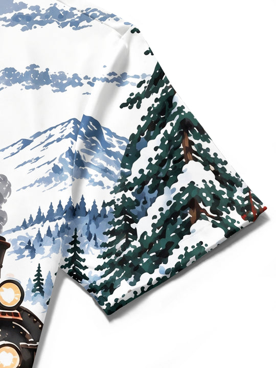 Adaychic Men's Short Sleeve Shirt - Vintage Steam Train In Snowy Mountain Landscape Print with Chest Pocket