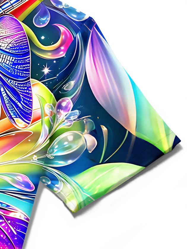 Adaychic Men's Hawaiian Neon Dragonfly Print Floral Pattern Short Sleeve Shirt with Chest Pocket
