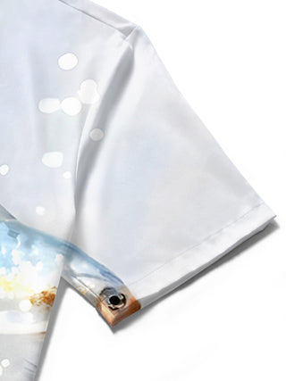 Close-up detail of men's Hawaiian fish print short sleeve shirt fabric