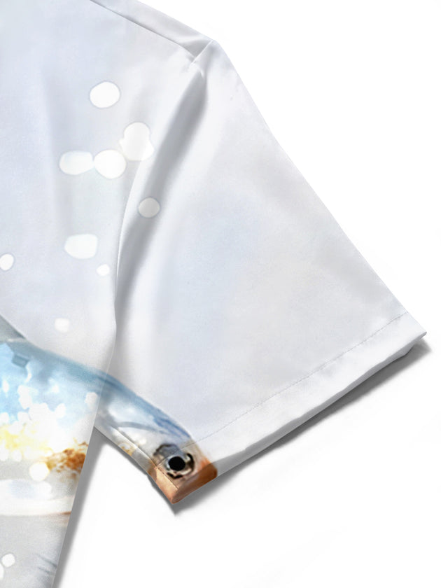 Close-up detail of men's Hawaiian fish print short sleeve shirt fabric