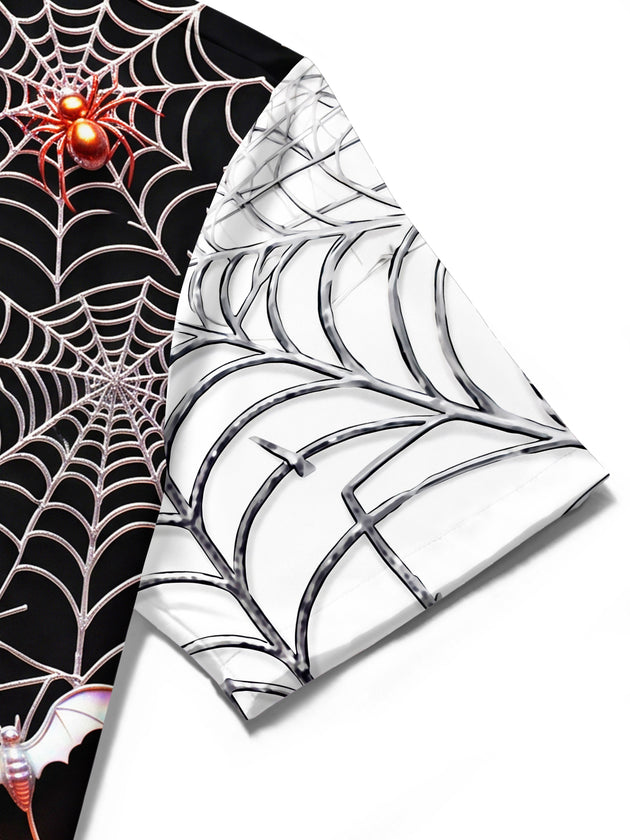 Adaychic Men's Short Sleeve Shirt - Halloween Pumpkins Bats Spiders And Spiderwebs Print with Chest Pocket