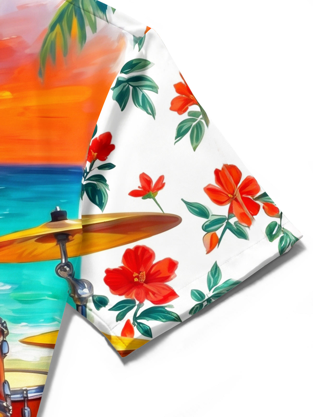 Adaychic Men's Hawaiian Drum Set With Red Flowers Print Short Sleeve Shirt with Chest Pocket