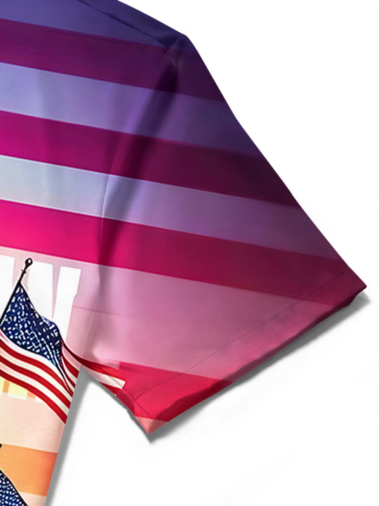 Men's short sleeve American flag print shirt detail view of pocket stitching