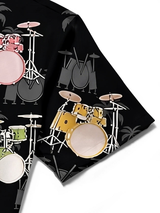 Adaychic Men's Hawaiian Drum Set Pattern Short Sleeve Shirt with Chest Pocket
