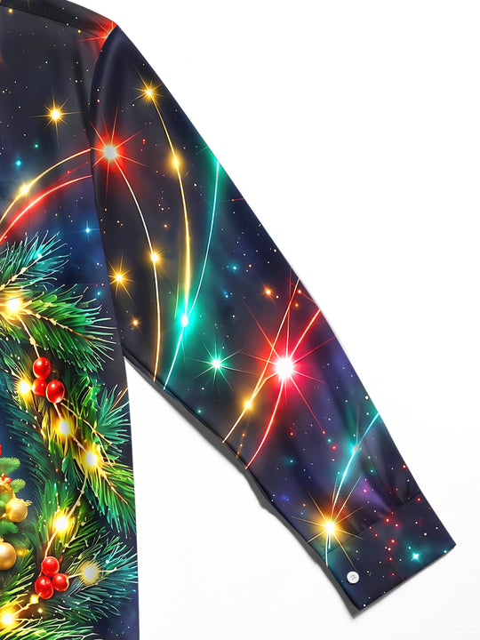 Adaychic Men's Long Sleeve Shirt - Christmas Tree With Ornaments And Pine Branches Print with Chest Pocket