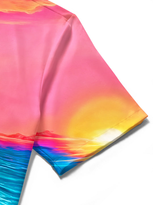 Men's colorful Hawaiian ocean print short sleeve shirt close-up detail of intricate turtle and lighthouse pattern on quality