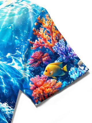 Adaychic Men's Hawaiian Blue Whale And Coral Reef Print Short Sleeve Shirt with Chest Pocket