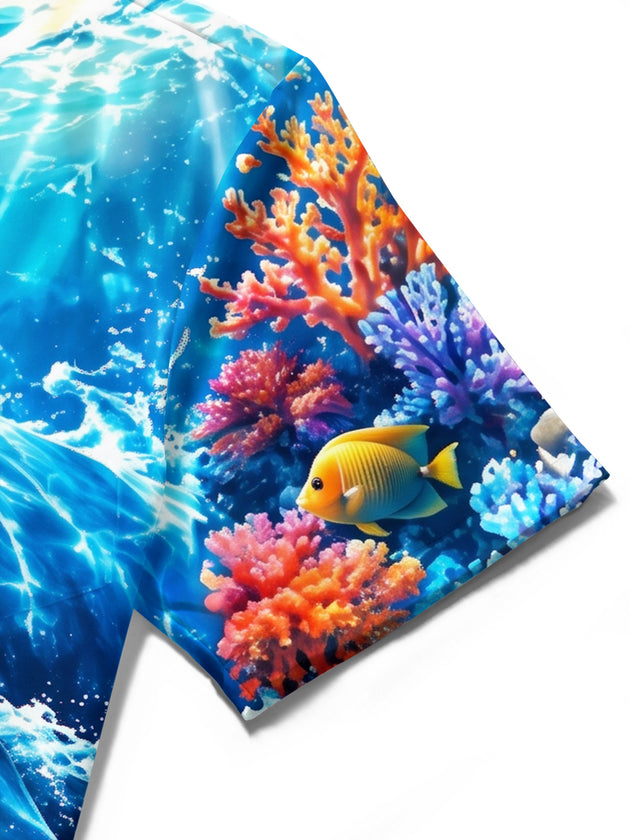 Adaychic Men's Hawaiian Blue Whale And Coral Reef Print Short Sleeve Shirt with Chest Pocket