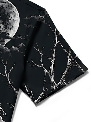 Adaychic Men's Graphic Halloween Crow And Moon Print Short Sleeve Shirt with Chest Pocket