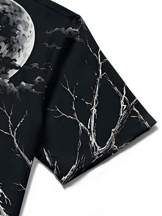 Adaychic Men's Graphic Halloween Crow And Moon Print Short Sleeve Shirt with Chest Pocket