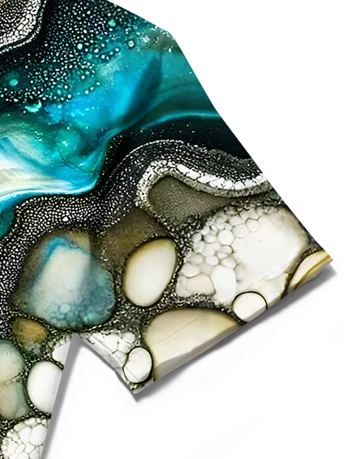 Men abstract print short sleeve shirt pocket stitching close-up detail