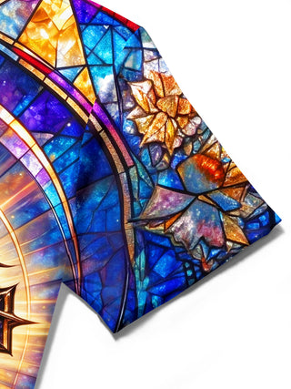 Adaychic Men's Stained Glass Crown Of Thorns Cross Print Short Sleeve Shirt with Chest Pocket