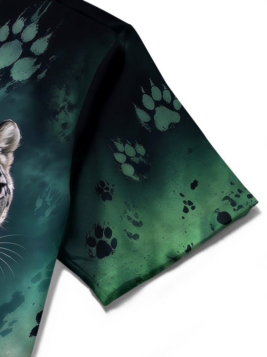 Adaychic Men's Snow Leopard Walking Print Short Sleeve Stand Collar Shirt with Chest Pocket
